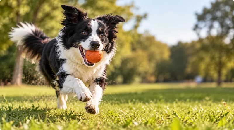 Hund beim Spielen mit einem orangefarbenen Ball