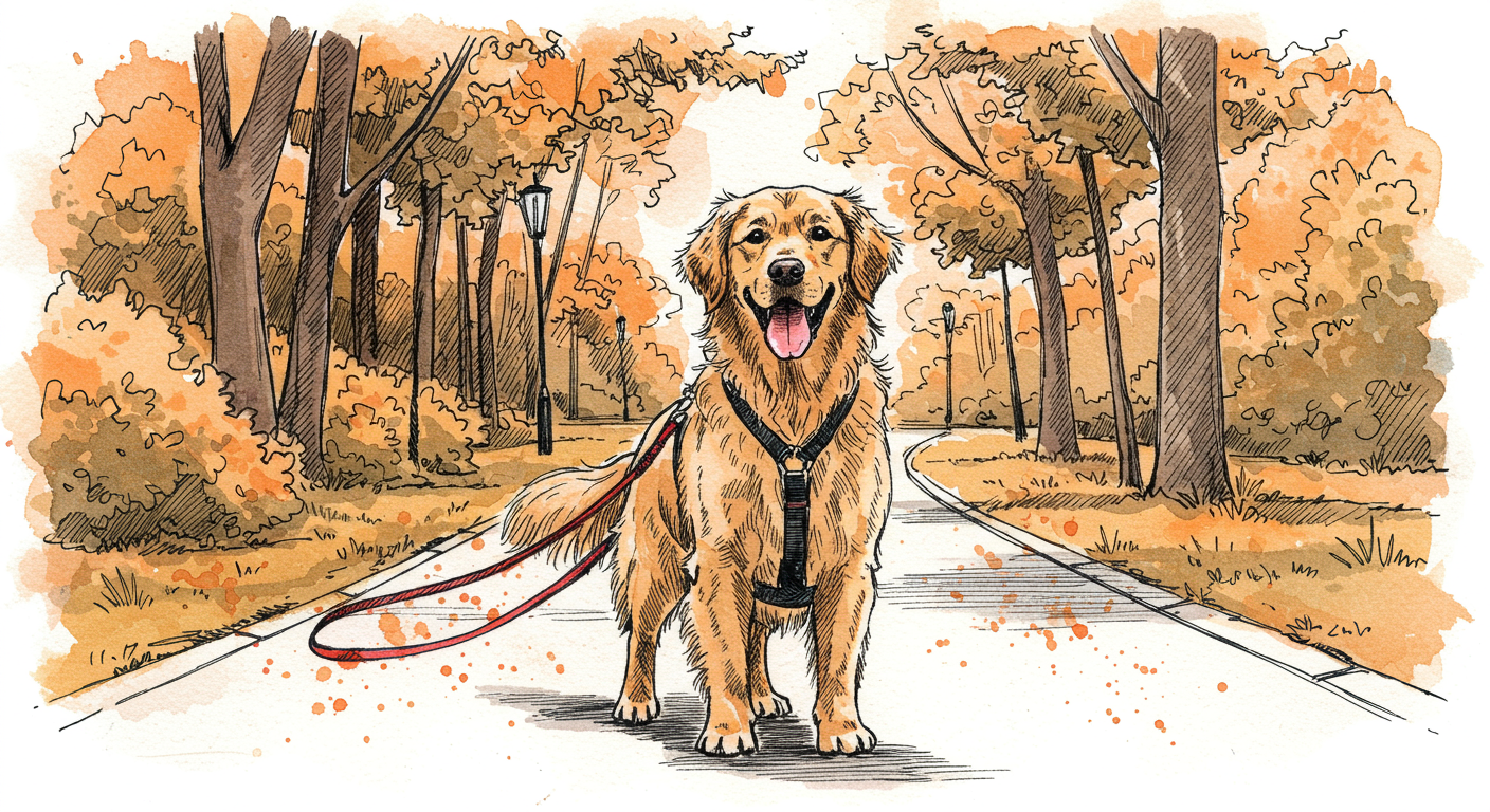 Perro alegre con correa y arnés en parque urbano español preparado para paseo profesional, mostrando energía y bienestar en entorno seguro con árboles y camino