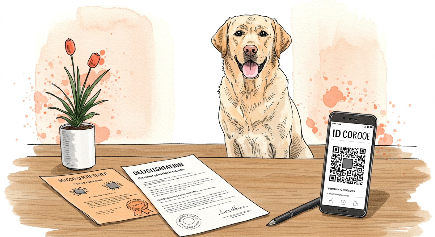 Perro de raza mestiza sentado tranquilamente mientras un veterinario utiliza un lector de microchip cerca de su cuello, en una consulta veterinaria moderna con documentación oficial visible sobre la mesa