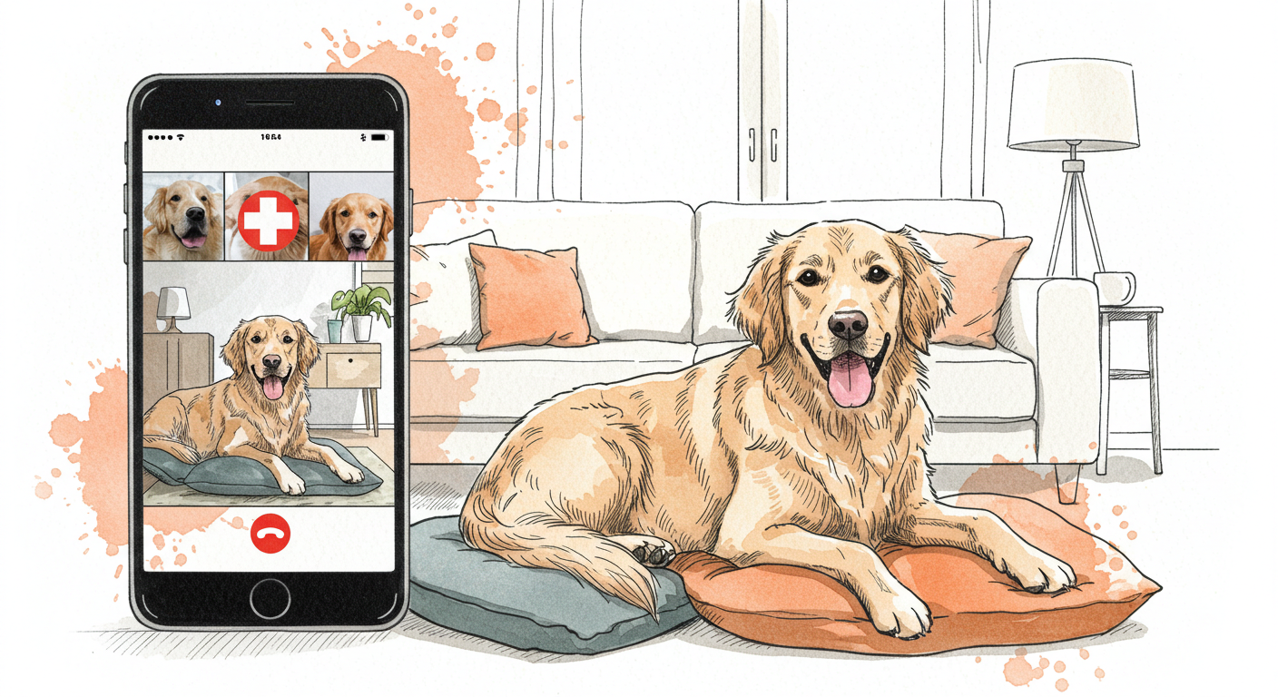 Perro mestizo tumbado en sofá de casa mirando hacia smartphone apoyado en mesa auxiliar durante videoconsulta veterinaria online, ambiente hogareño luminoso con manta y cojines, España 2026