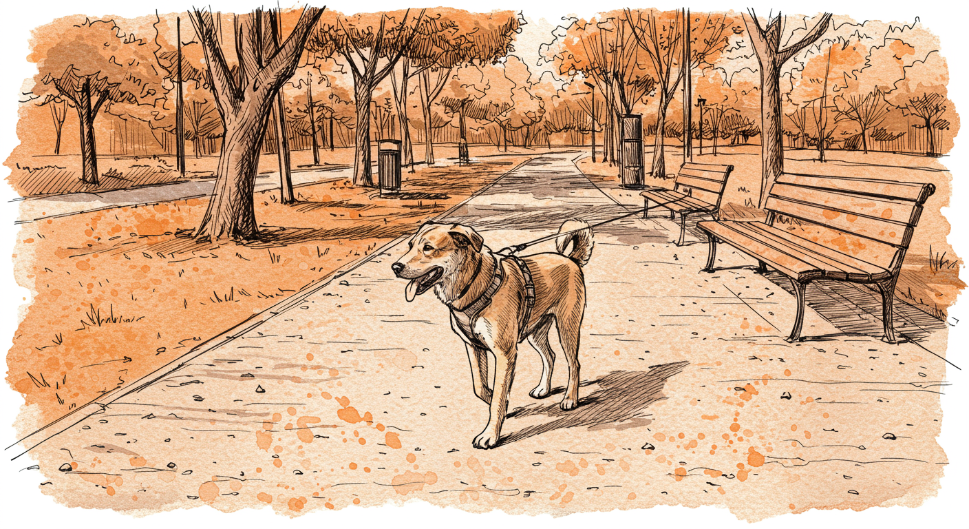 Perro de raza mediana con correa y arnés caminando por un parque urbano español con árboles y senderos de grava, disfrutando de su paseo diario