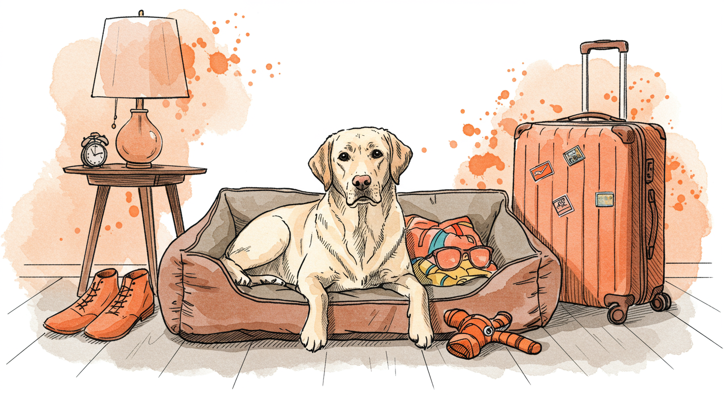 Perro labrador dorado descansando cómodamente en su cama favorita junto a su juguete preferido y maleta de viaje, esperando en ambiente hogareño tranquilo mientras su dueño prepara las vacaciones con objetos de viaje visibles