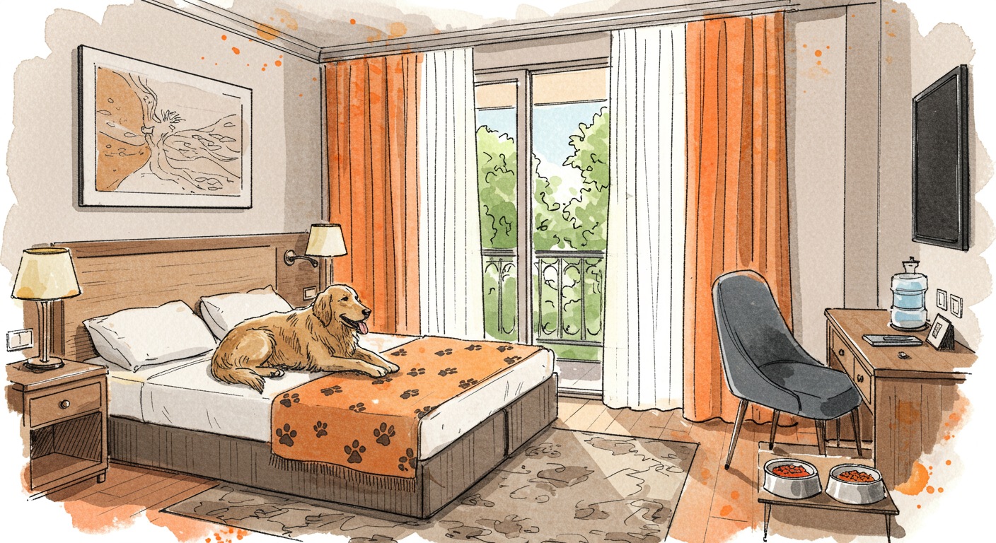 Perro golden retriever descansando tranquilamente sobre una elegante cama de hotel con manta específica para mascotas, habitación luminosa con vistas a jardín, comedero y bebedero colocados en esquina, ambiente acogedor de hotel pet-friendly español
