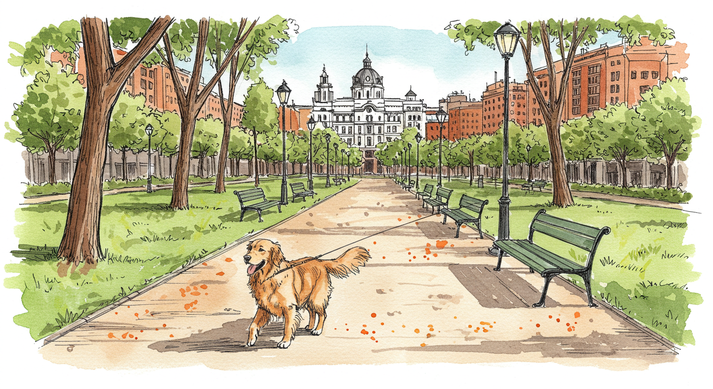Perro labrador golden retriever caminando con correa en parque urbano de Madrid, rodeado de árboles verdes y senderos pavimentados bajo luz natural suave de mañana soleada