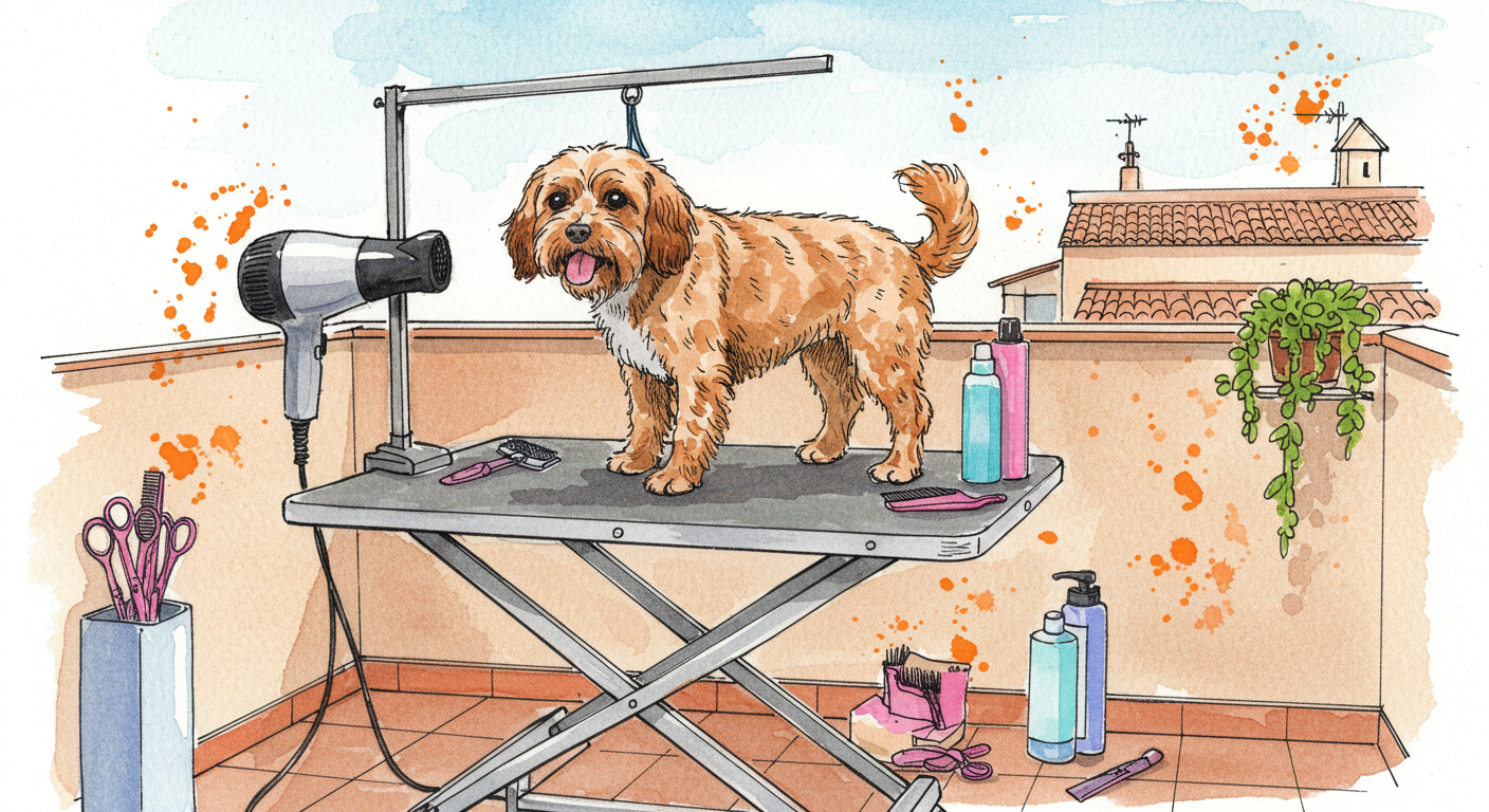 Perro de raza mediana recién bañado y peinado sobre mesa de peluquería portátil en terraza de casa, con herramientas profesionales de grooming canino alrededor, ambiente doméstico y relajado