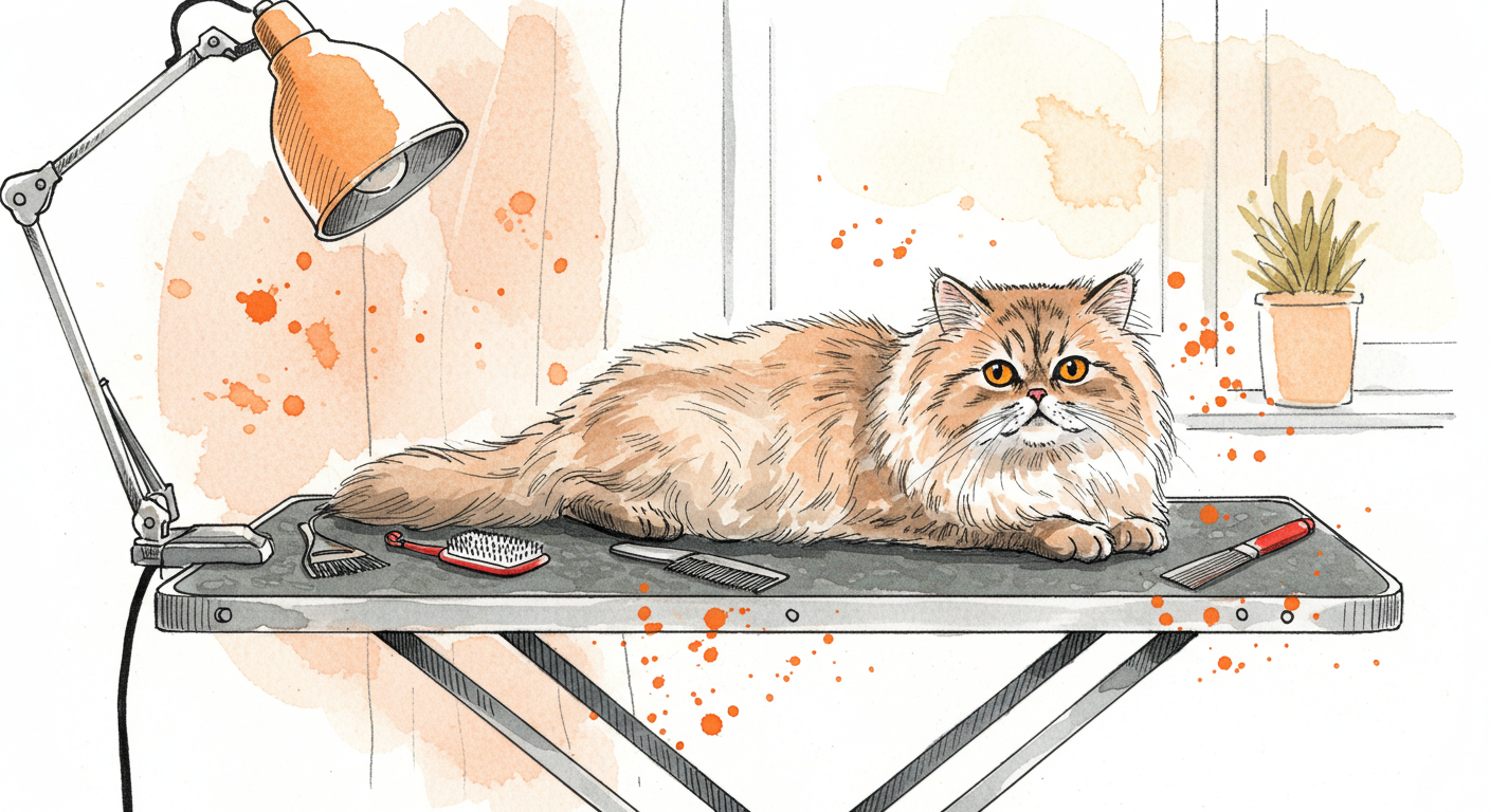 Gato de pelo largo descansando tranquilamente sobre una toalla suave en una mesa de grooming casera con cepillos profesionales y herramientas de peluquería felina alrededor en un ambiente hogareño iluminado naturalmente