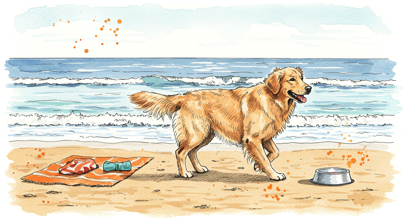 Perro Golden Retriever corriendo feliz por la orilla de una playa española de arena dorada, con olas suaves del mar Mediterráneo al fondo y toalla playera cerca