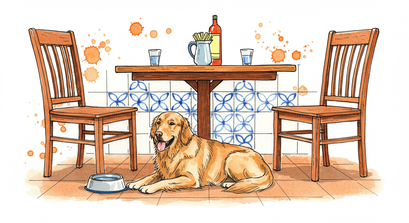 Perro golden retriever tumbado tranquilamente bajo mesa de terraza española en restaurante pet-friendly, con cuenco de agua fresca, ambiente acogedor mediterráneo, suelo de baldosas típicas, sillas de madera