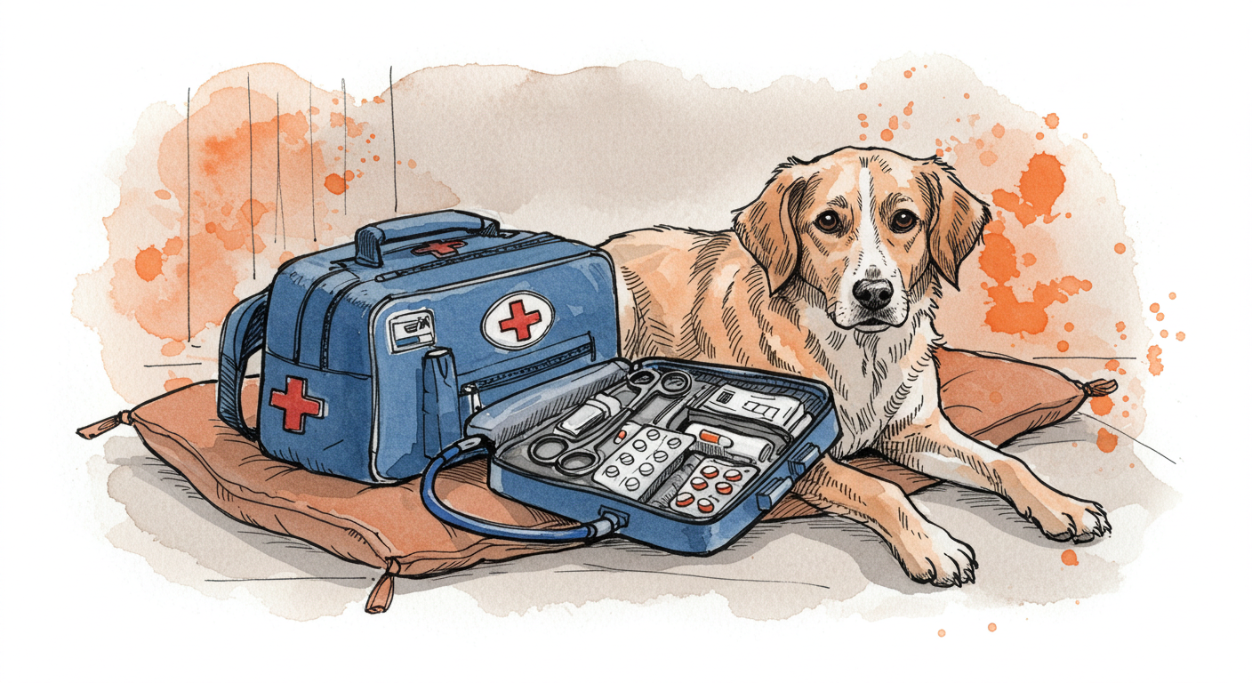 Perro enfermo tumbado en cama nocturna con maletín veterinario de emergencias abierto mostrando instrumental médico, estetoscopio y medicamentos bajo luz tenue de lámpara en dormitorio español