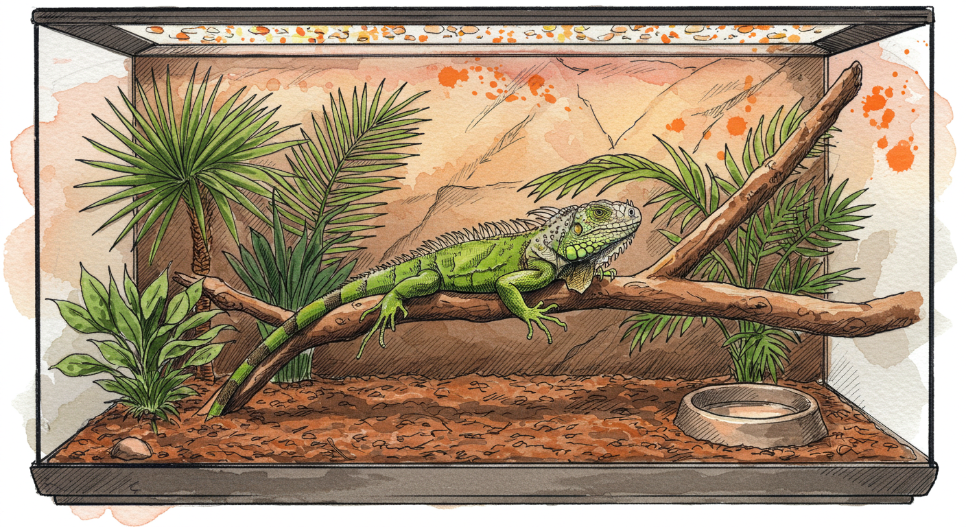Camaleón verde observando atentamente sobre rama natural en terrario bien iluminado con plantas vivas, termómetro digital y lámpara UVB visible, mostrando instalaciones adecuadas para reptiles exóticos